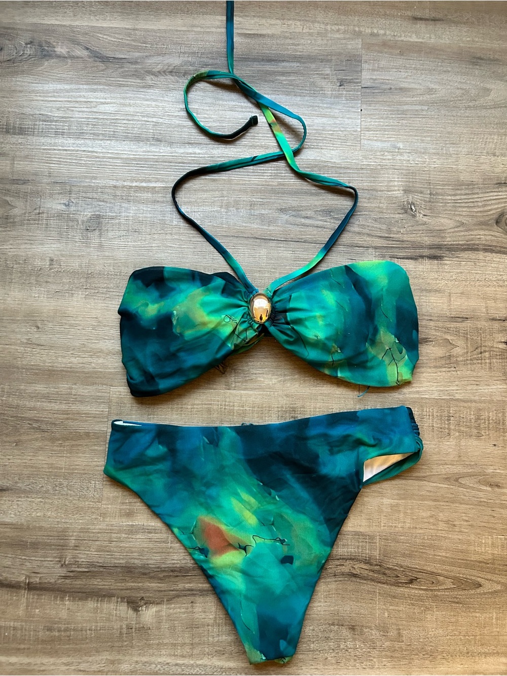 Fashion Nova Green Teal Marble Print Bandeau Bikini